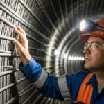 A mining engineer inspects a tunnel reinforced with high-performance fibers.