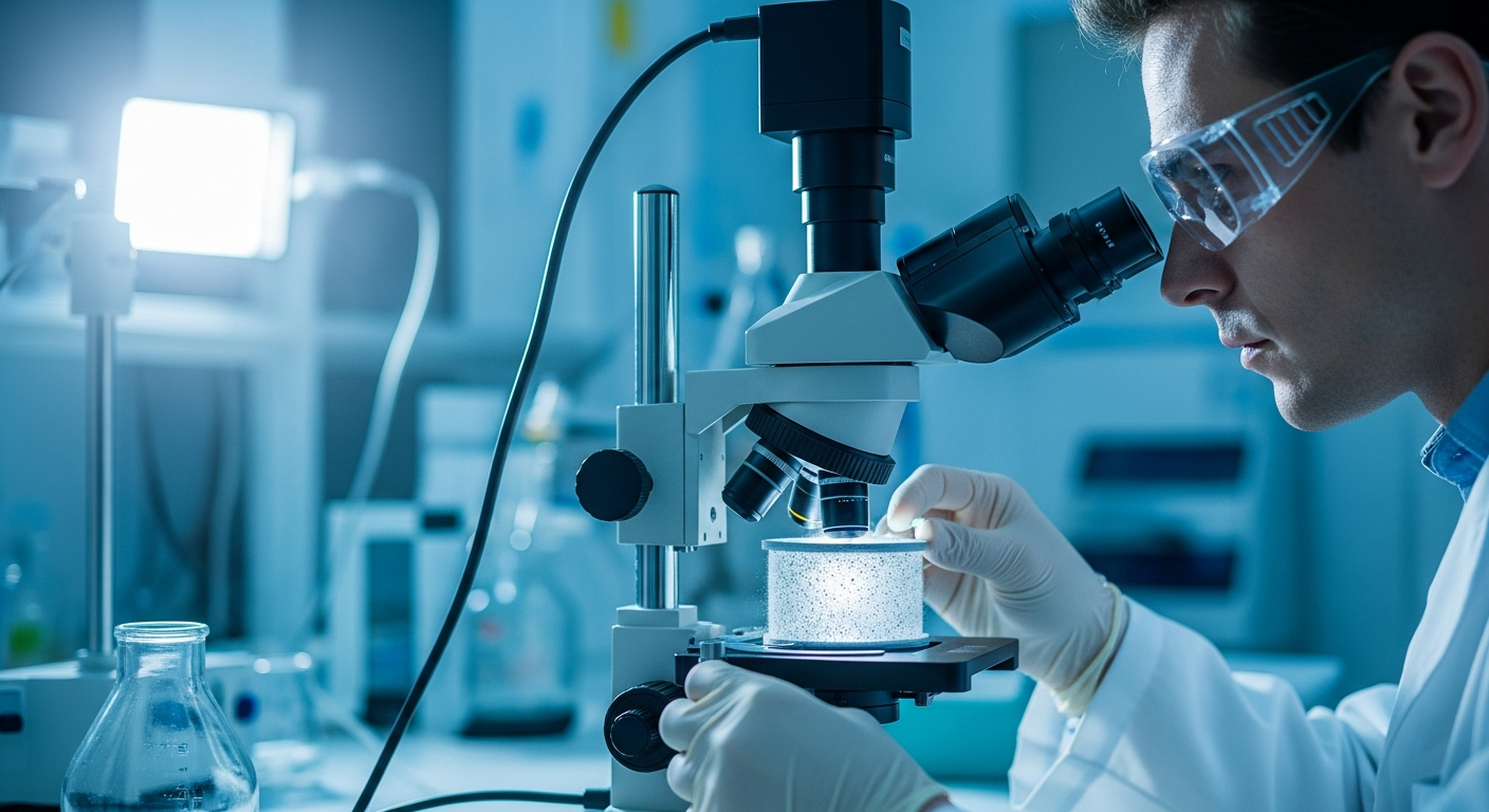 A scientist examines a nanofiber filter in a laboratory.