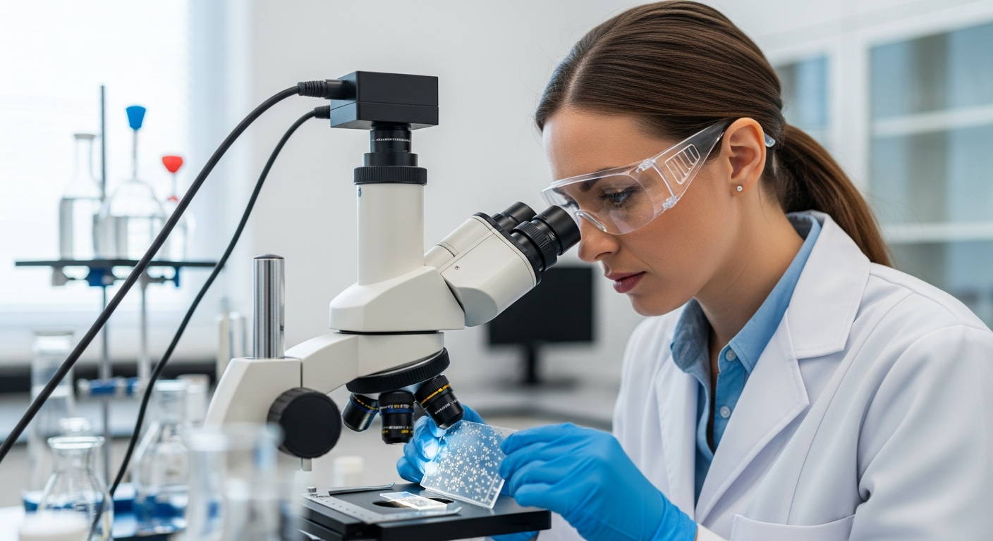 A woman examines polymer sample in a laboratory.