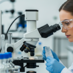 A woman examines a polymer sample in a lab.