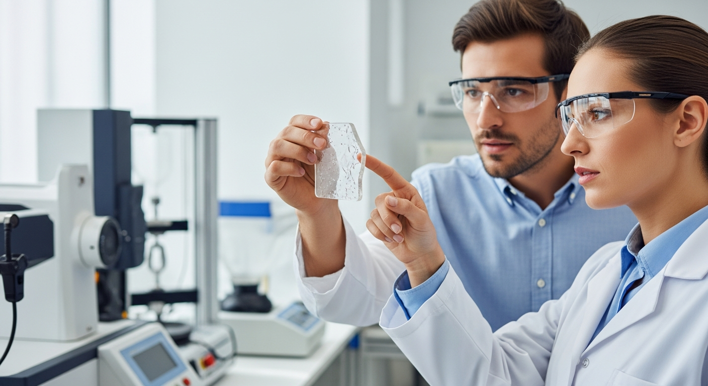 Two scientists examine a polymer blend sample in a laboratory.