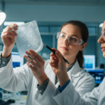 Two women in lab coats examine a polymer blend sample in a laboratory.