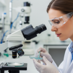 A woman examines a polymer blend sample in a laboratory.