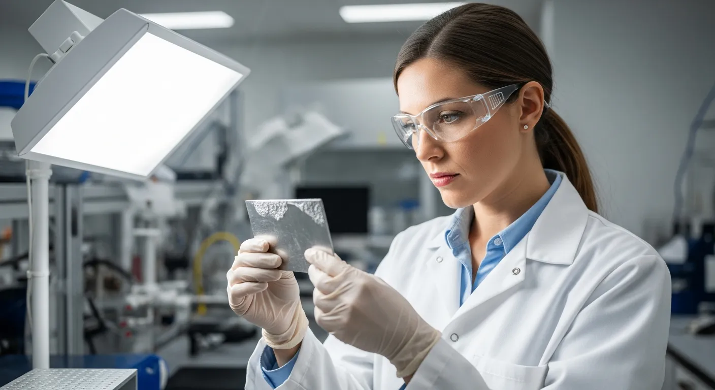 A woman in a lab coat examines a coated metal sample.