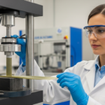 A woman examines polymer material in a science lab.