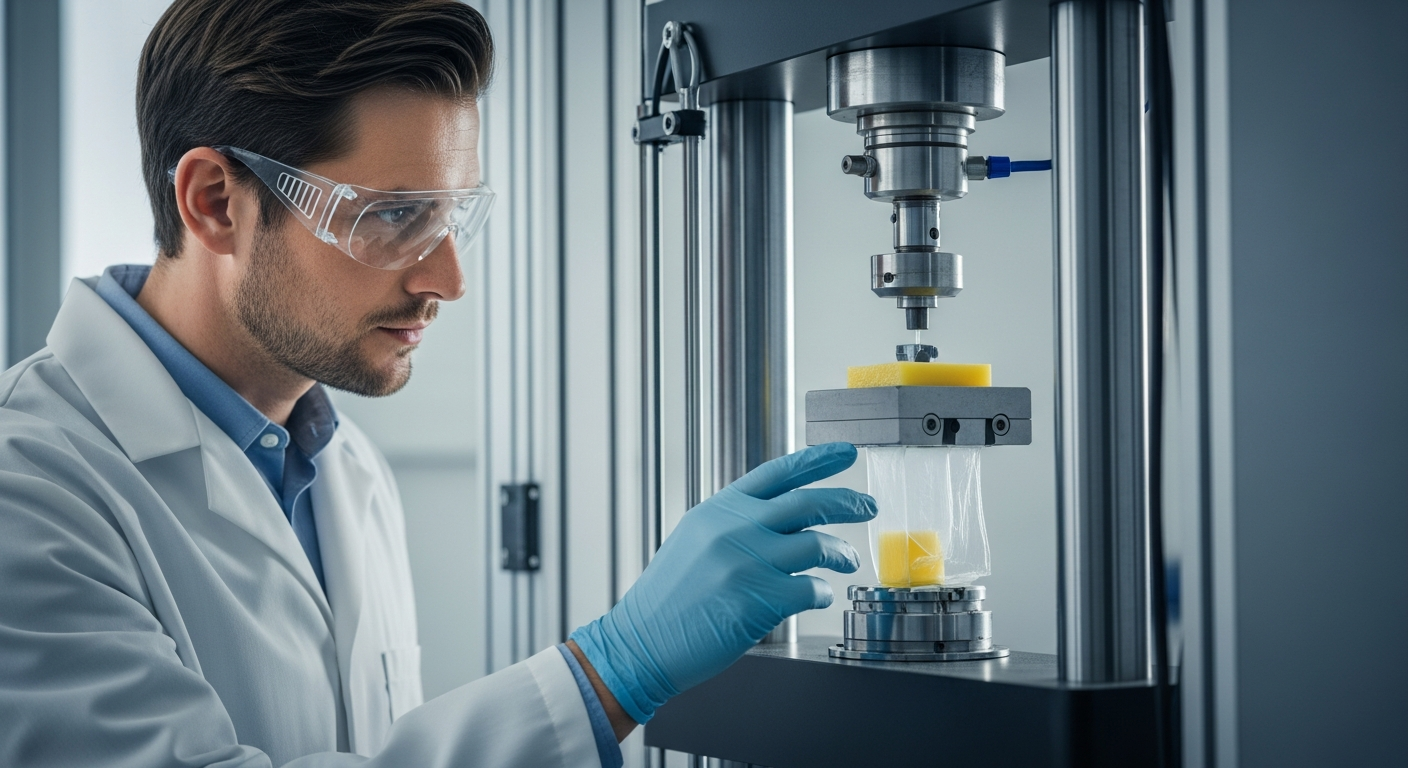 Man inspecting polymer testing equipment in a lab