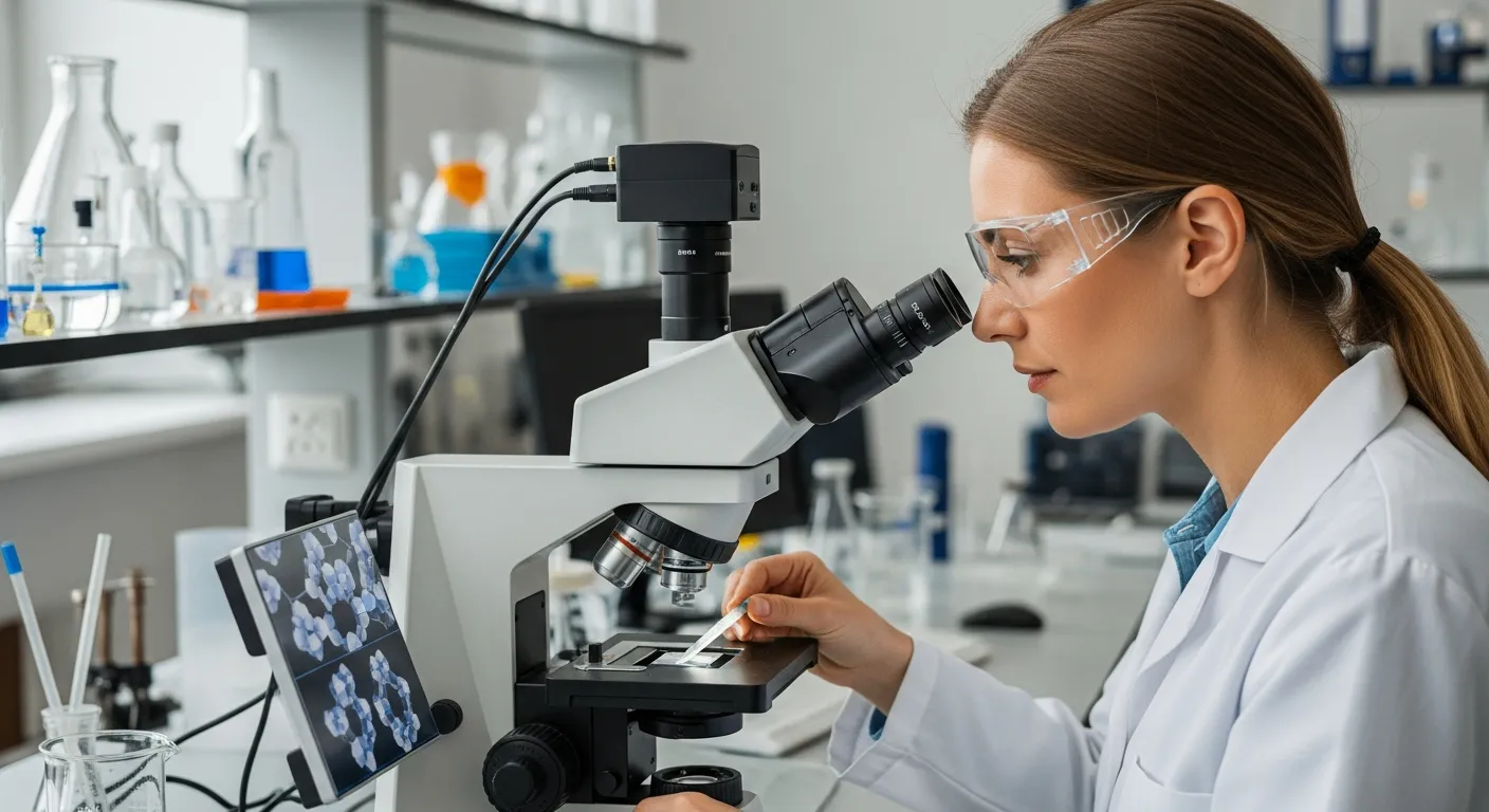 A woman examines polymer crystal structures through a microscope in a lab.