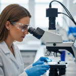 A woman examines polymer film under a microscope in a lab.