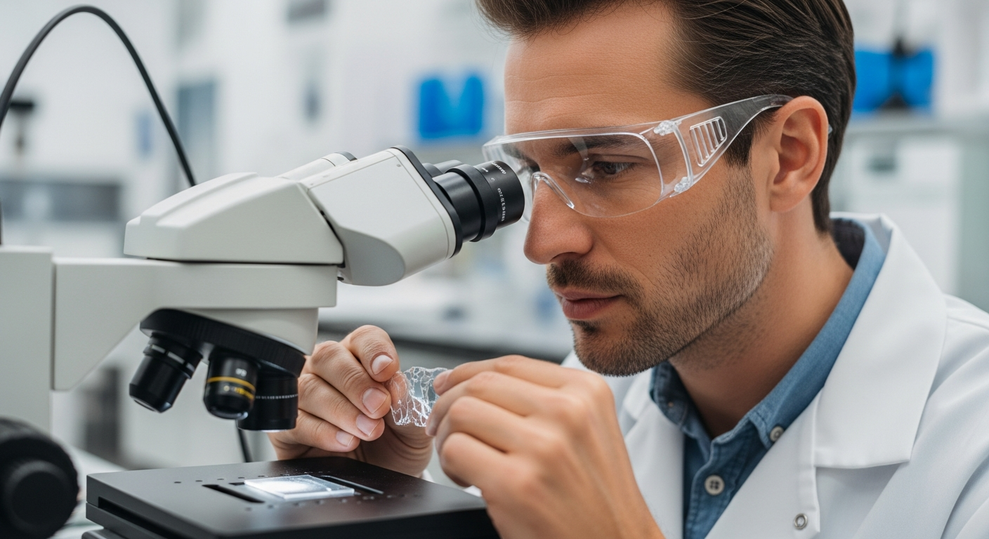 A scientist examines a polymer sample in a laboratory.