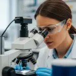 A woman examines polymer fiber in a laboratory.