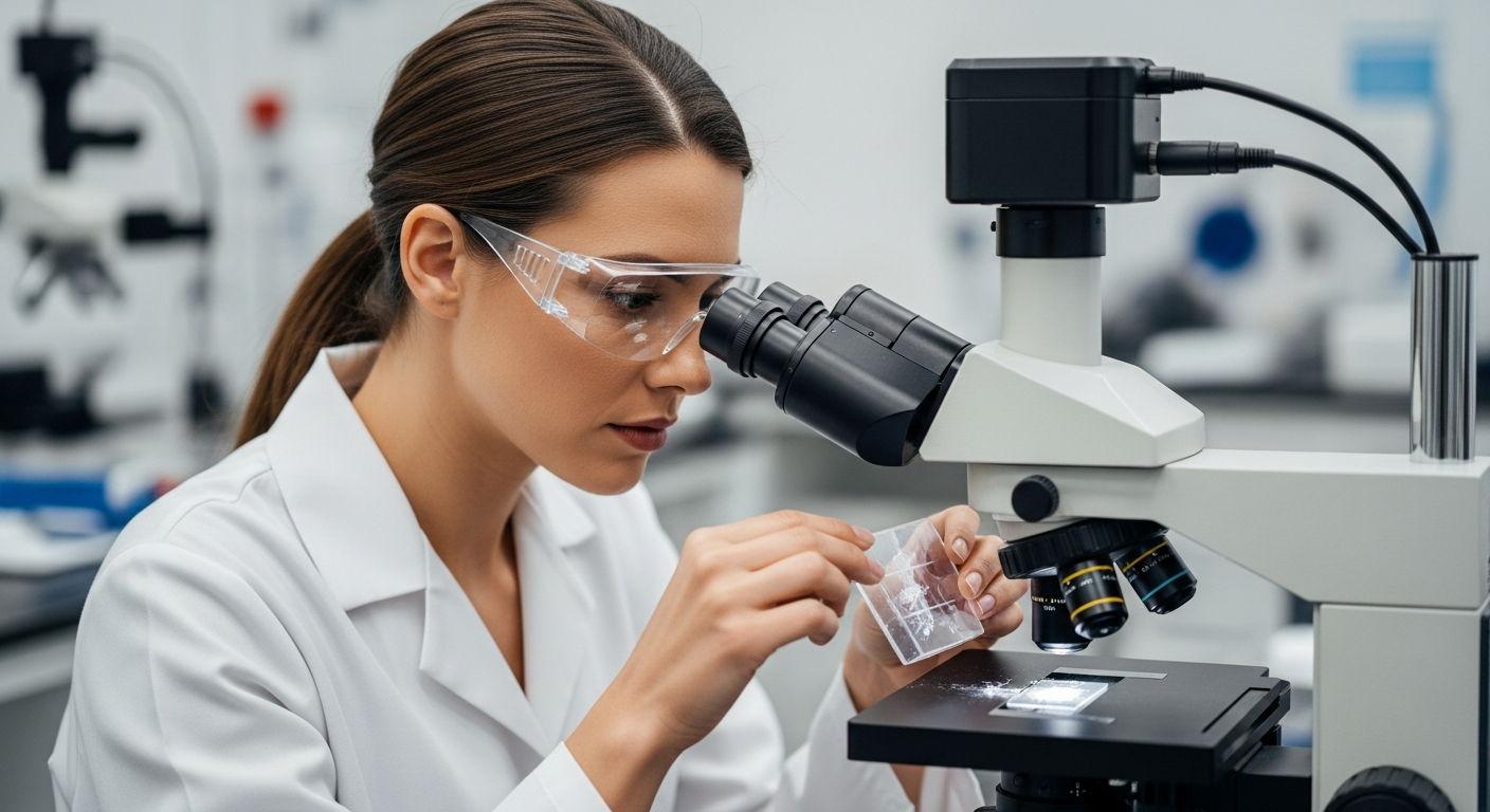 A woman examines a polymer sample in a laboratory.
