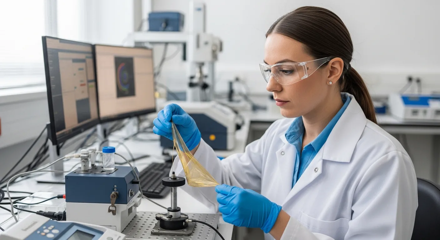 A woman examines polymer film in a laboratory.