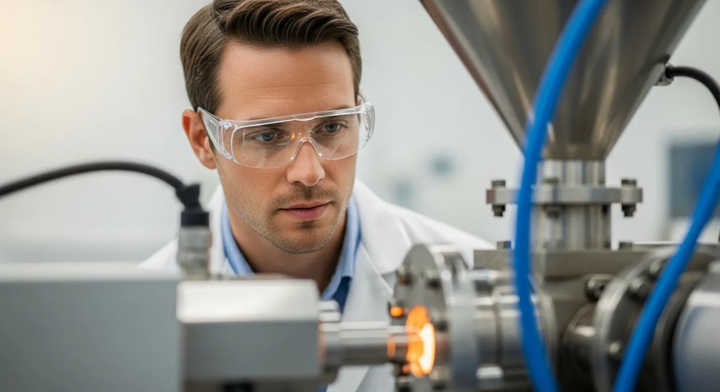 Man inspecting polymer extrusion machine in lab