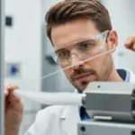 Man inspecting polymer fiber from extrusion machine