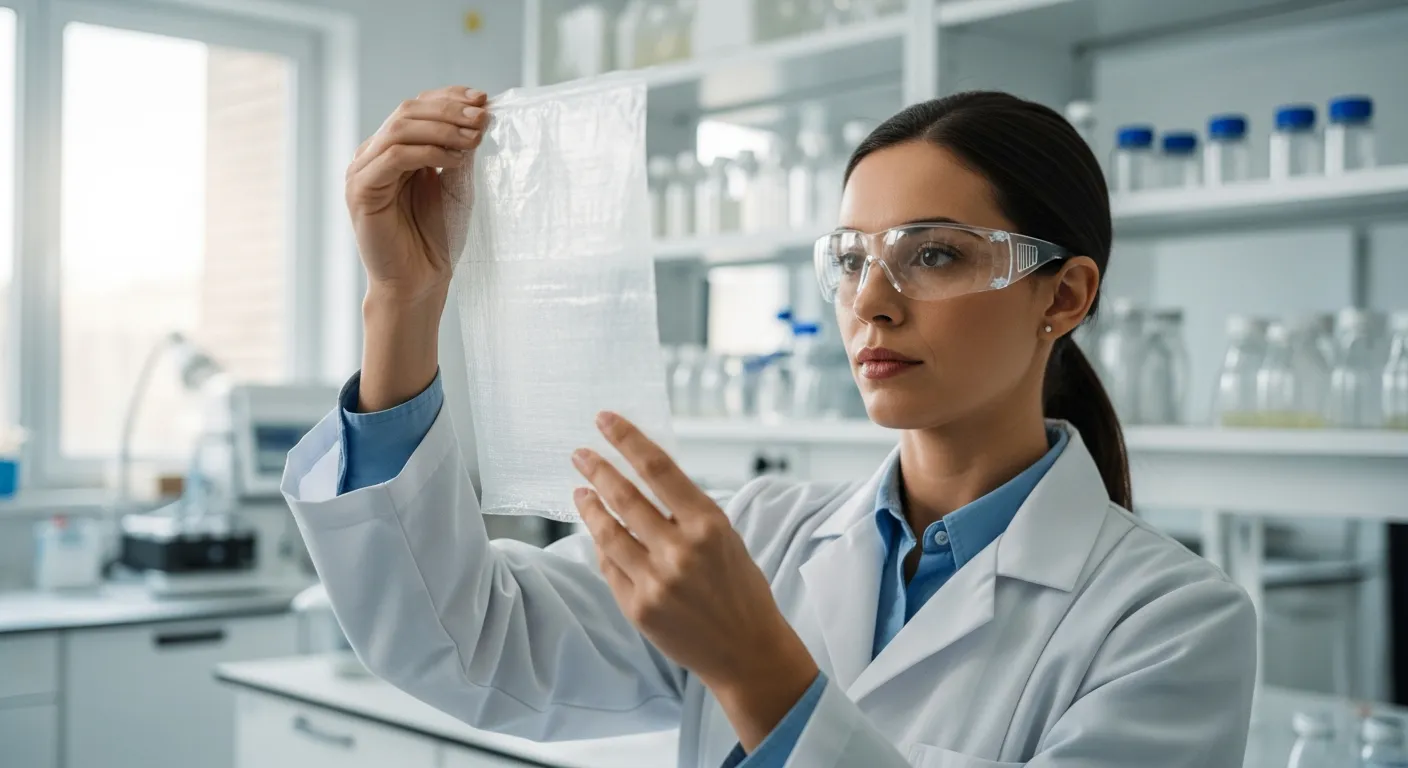 A woman examines sustainable packaging made of polymer fibers in a laboratory.