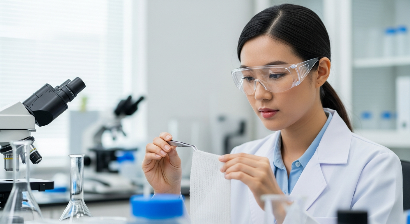 A woman in a lab coat examines polymer fiber textile.