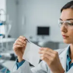 A woman in a lab coat examines polymer fiber textile.