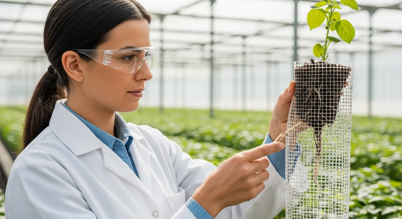 A woman examines a plant seedling supported by polymer fibers in a greenhouse.