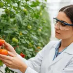 A woman examines tomato plants supported by polymer fibers in a greenhouse.