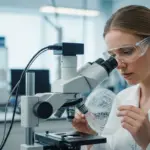 A woman examines polymer fibers under a microscope in a lab.