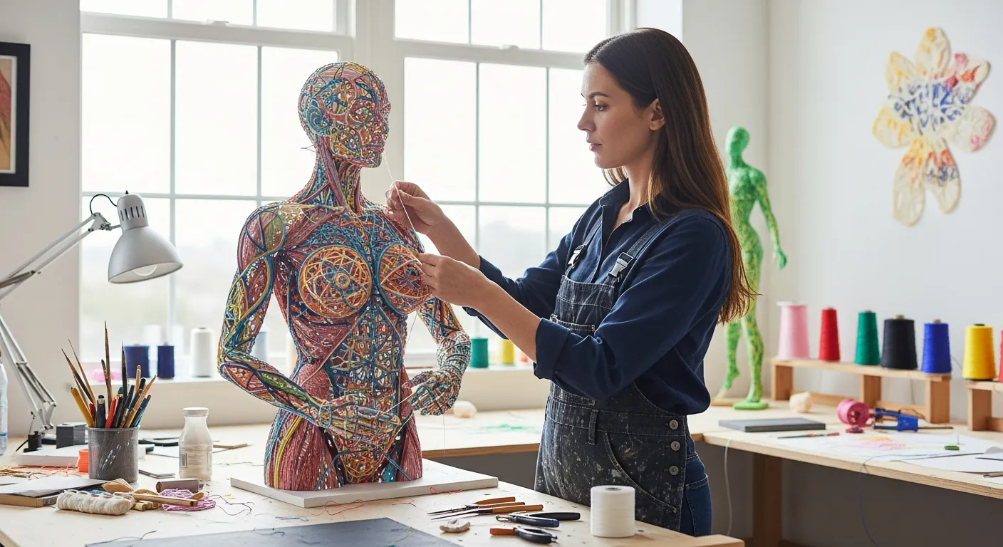 A woman inspects a sculpture made of colorful polymer fibers in an art studio.