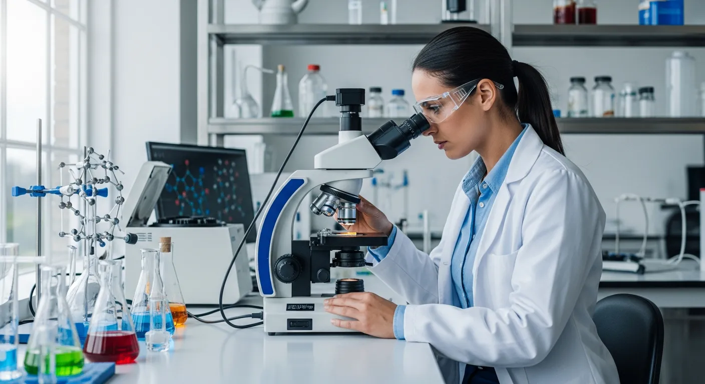 A woman examines polymer fabric under a microscope in a lab.