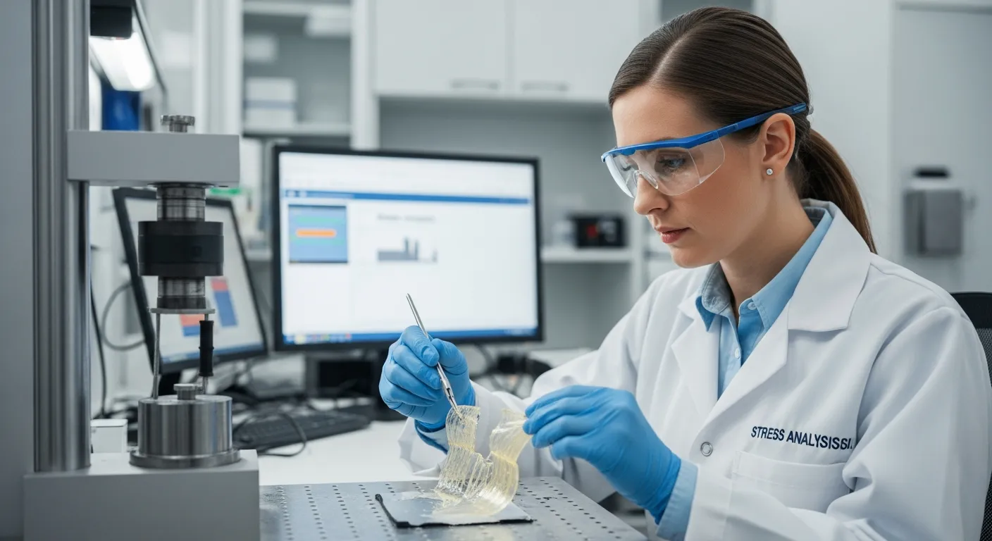 A female engineer examines a fractured polymer sample in a laboratory.
