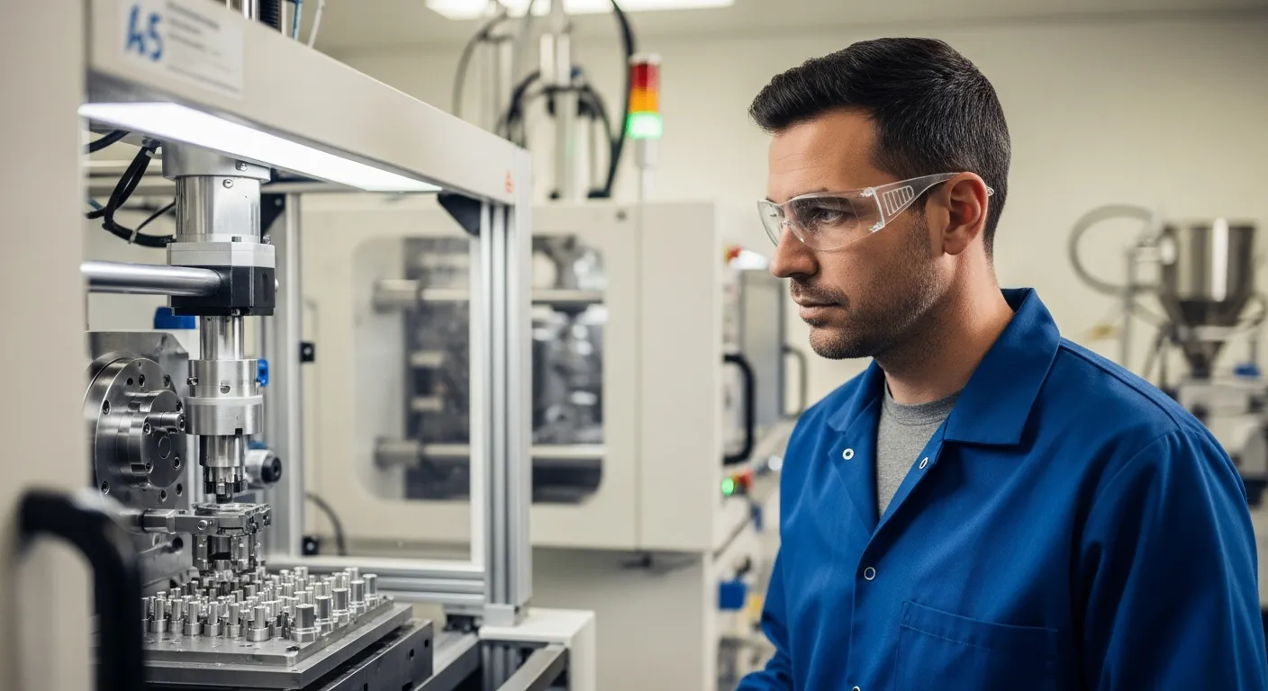A man observes the polymer injection molding process in a lab.