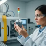 A woman inspects a plastic part produced by injection molding in a laboratory.