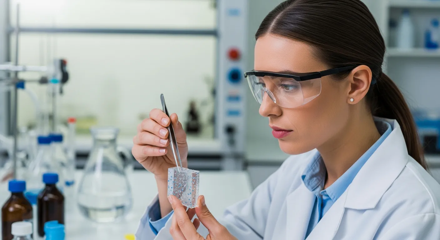 A woman examines a polymer nanocomposite sample in a lab.