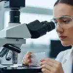 A woman examines a polymer nanocomposite sample in a laboratory.