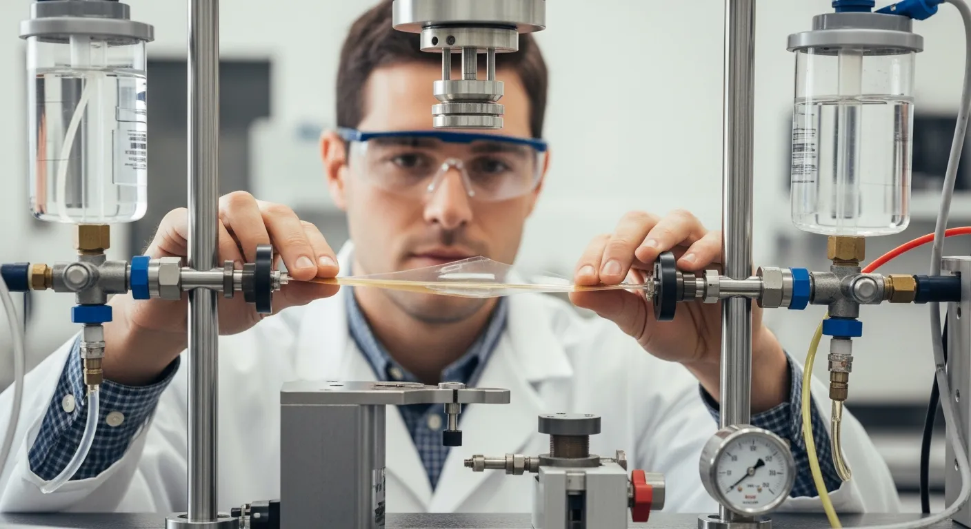 A scientist examines polymer film permeability in a laboratory.