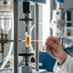 A scientist examines a polymer film in a laboratory setting.