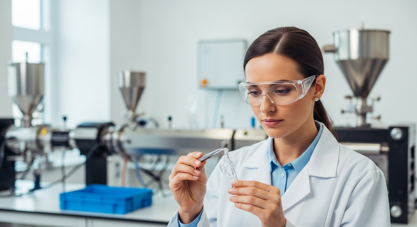A woman in a lab coat examines a polymer sample in a laboratory.