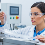 A woman inspects a polymer sheet coming from an extrusion machine.
