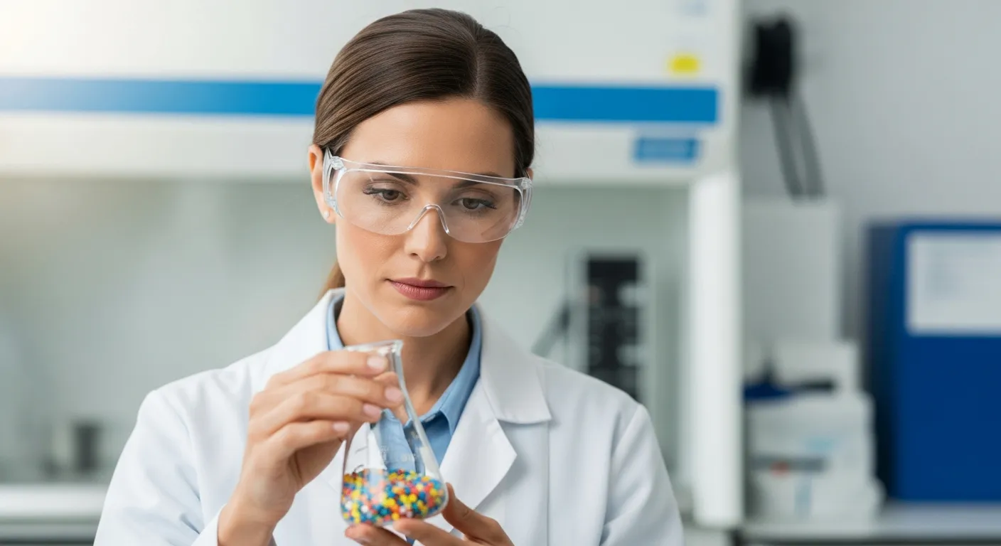 A woman in a lab coat examines plastic pellets in a beaker.