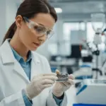 A woman in a lab coat examines recycled polymer pellets.