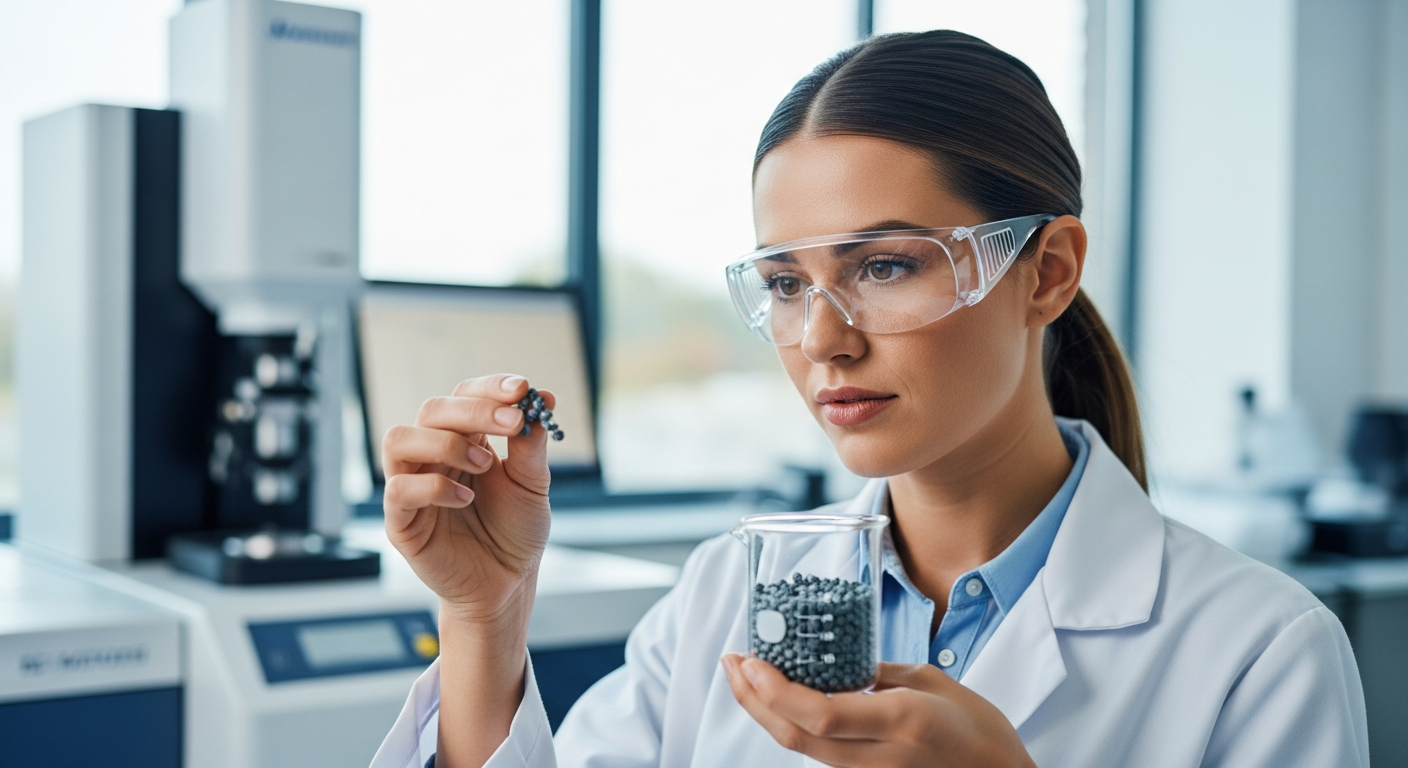 A woman in a lab coat examines recycled polymer pellets.