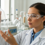 Woman examines a recycled plastic bottle in a laboratory
