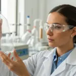 Woman examines a recycled plastic bottle in a laboratory