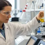 A woman observes polymer flow in a lab.