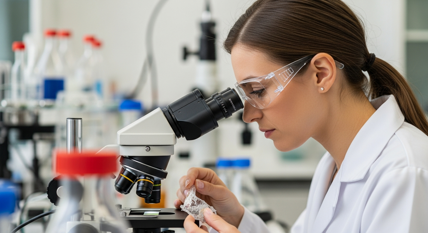 A woman examines a polymer sample in a lab.