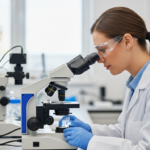 A woman scientist examines a polymer sample in a lab.