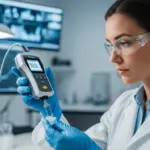 A woman scientist examines polymer sample in laboratory