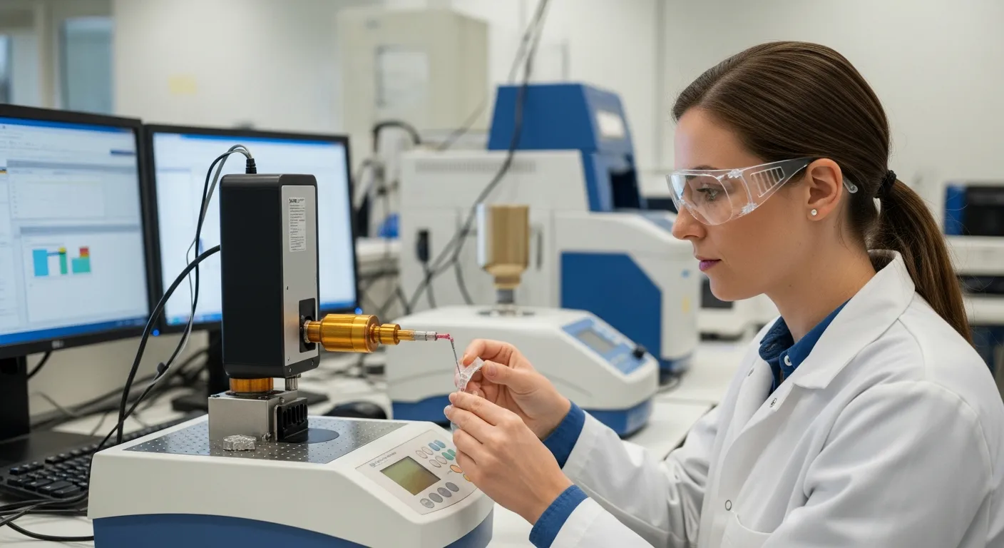 A woman examines a polymer sample in a lab.