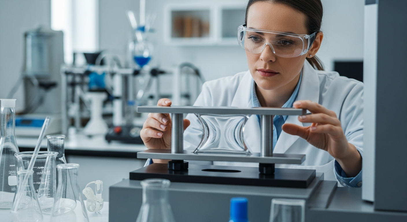 A woman engineer examines a polymer sample in a lab.