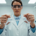 A woman demonstrates shape memory polymer properties in a lab