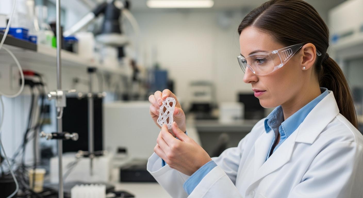 A woman in a lab coat examines a shape memory polymer.