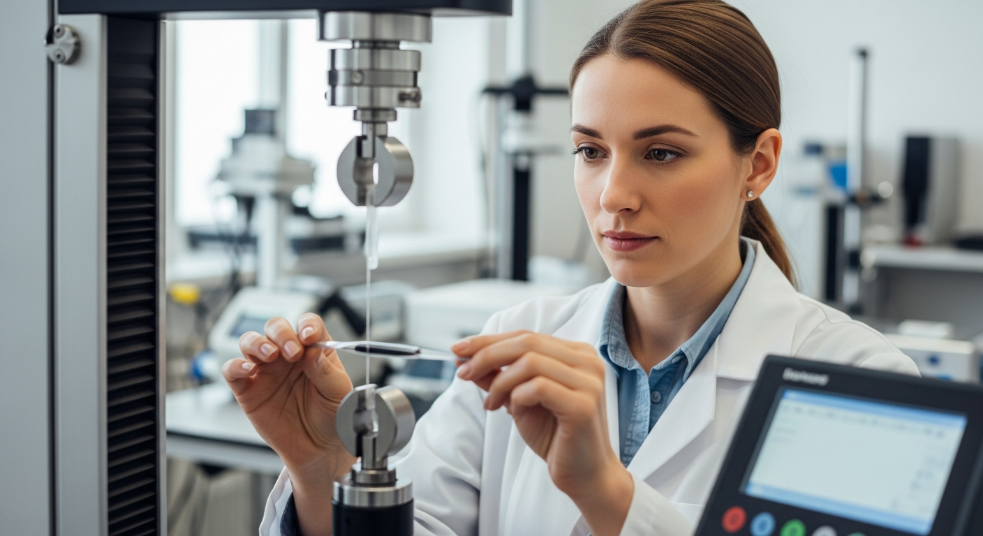 A woman in a lab coat examines a polymer sample in a tensile testing machine.