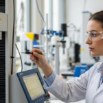 A woman is testing the tensile strength of a polymer in a lab.